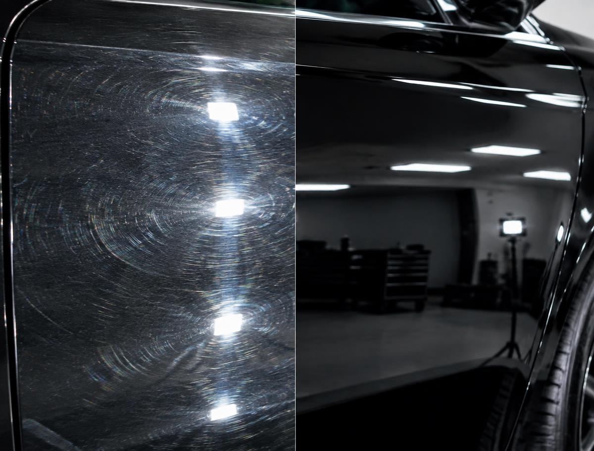 Swirl-marked paint on the left, corrected mirror finish on the right