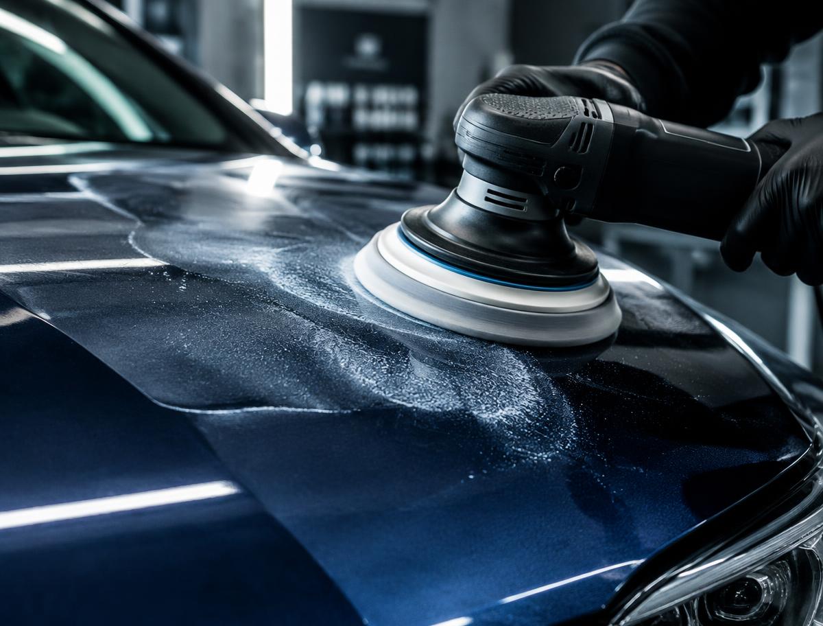 Machine polishing a dark blue bonnet in the studio